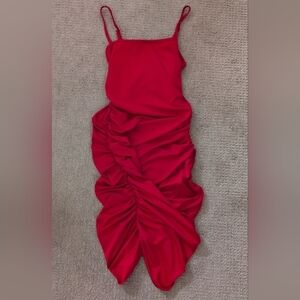 Elegant Red Ruched Spaghetti Strapped Bodycon Mini Dress